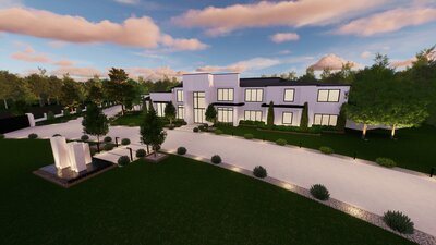 Modern front entrance with lush landscaping.