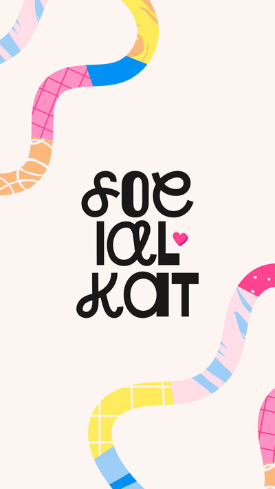 Social Kat black logo with multicolored shapes on a cream background