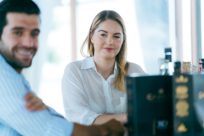 woman and a man smiling