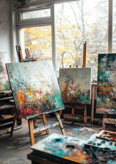 Interior of an artist's studio with painted canvases on wooden easels. 