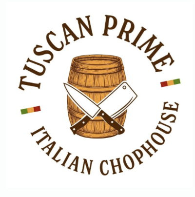 Logo with a wooden barrel, two crossed chef knives, and the text 'Tuscany Prime Italian Chopouse' arranged in a circular pattern with small Italian flag icons on either side.