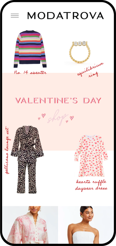 iPhone mockup of Modatrova Valentine's Day Shop, including a striped sweater, ring and festive pajamas