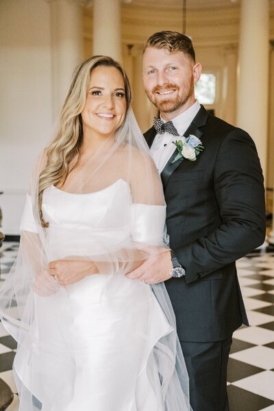 wedding couple smiling inside the Swan House, Atlanta, GA
