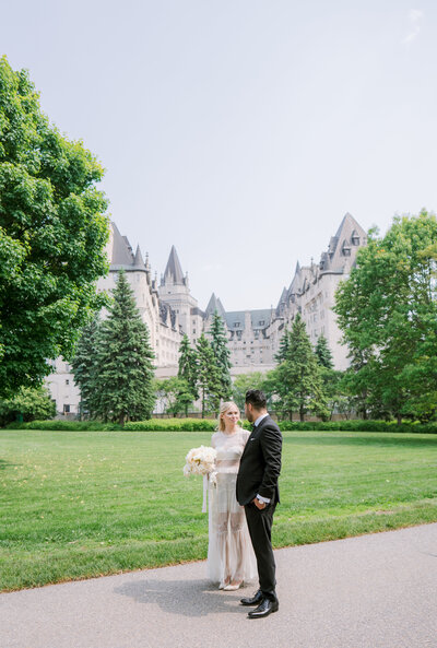 Editorial destination and Ottawa wedding photography by Emma Haidar – couple portrait at Fairmont Château Laurier