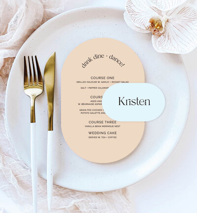 Arch menu and wave place card in big love design, neutral colours