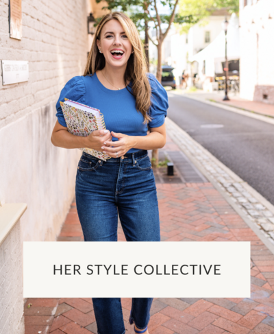 Heather Riggs, image consultant, holding a planner as she walks along a sidewalk with text that says HER Style Collective