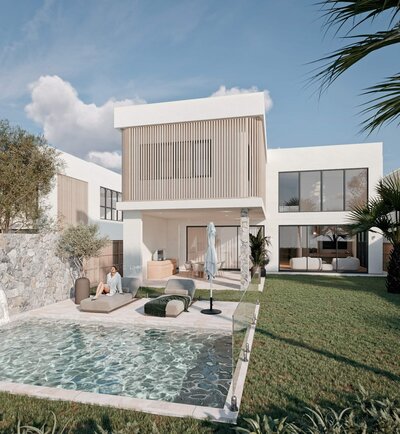Claro Signature Range luxury home rear view featuring poolside alfresco, modern stone accents, and streamlined architecture.