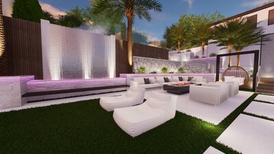 Modern front yard with classic landscaping and courtyard.