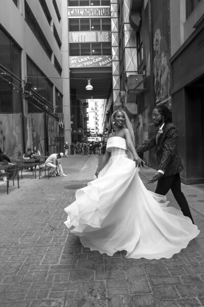Bride and Groom dancing in the street Downtown Detroit, MI 