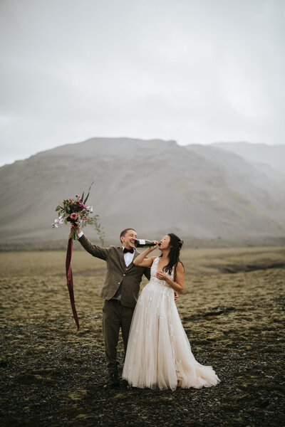 A unique Icelandic elopement, with the couple celebrating love amidst black lava fields.