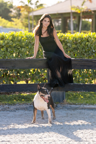 a girl in a black dress sitting on a black wooden fence in front of a bush with her brown and white bull terrier dog standing in the sand in front of her