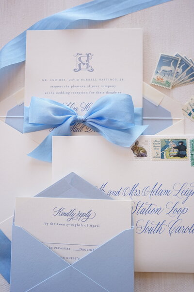Light and airy wedding invitation suite with custom calligraphy