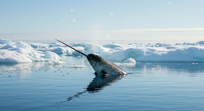 Narwhal surfacing in icy Arctic waters surrounded by floating sea ice.