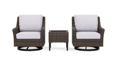 Two wicker swivel chairs with cushions and a small matching wicker table. 
