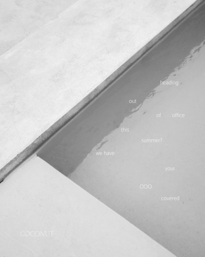 The corner of a swimming pool overlaid text that reads 'Heading out of office this summer? We have your OOO covered in greyscale