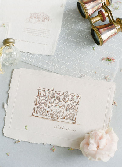 Pen illustration of Hedsor House wedding venue for a custom wedding invitation suite by House of Modern Letters