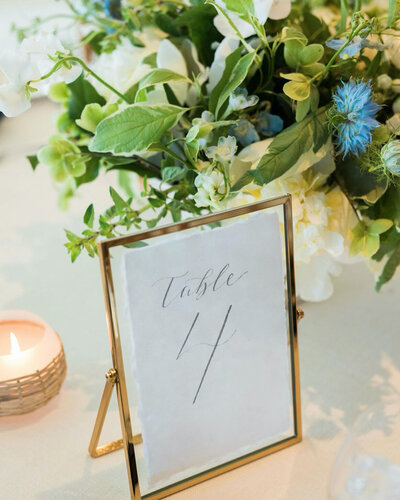 Calligraphy table number in glass frame for wedding at Ocean House in Rhode Island