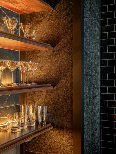 bar shelves with crystal bar glassware