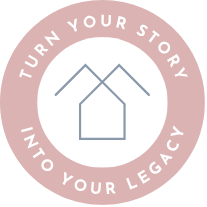 Pink circle badge with haven built media logo inside and text that says "turn your story into your legacy"