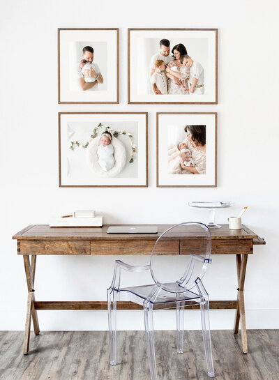 desk with family story wall art