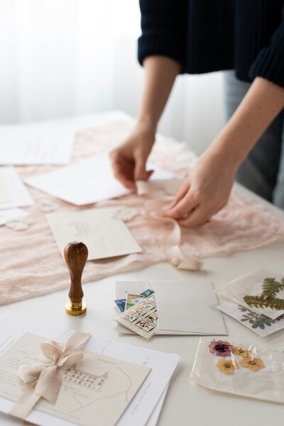 Woman's hands assembling a flatlay. She is arranging ribbon and invitation cards on a pink surface, and there are pressed flowers, vintage stamps, and a wax seal stamper in the foreground.