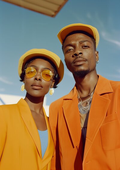 Couple wearing all orange and yellow
