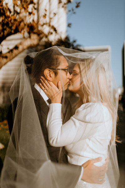 Bride and groom kissing underneath her veil