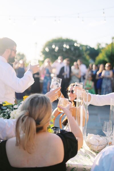 Guests joyfully cheering during wedding reception toasts, captured by Virginia wedding photographer Chantel Cruz, showcasing candid moments of celebration and luxury wedding photography.