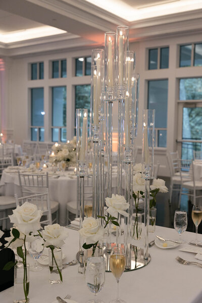 Elaborate glass candle centerpiece at Lakeview Pavilion in Foxborough, MA
