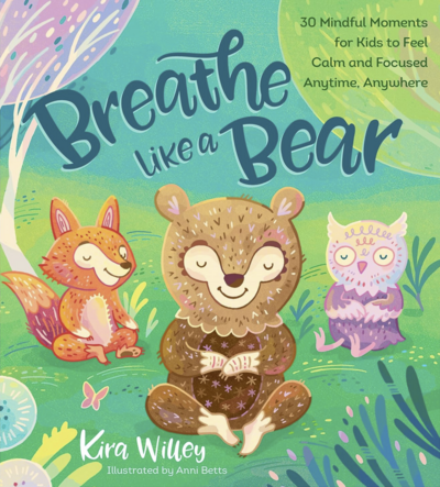 book cover with green background and illustrations of a fox, owl, and bear sitting in grass taking a breath