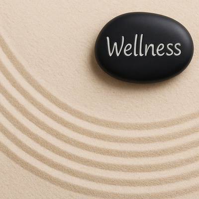 black stone with the word wellness written on it in a zen garden