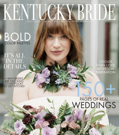 Magazine cover of Kentucky Bride with girl holding floral bouquet