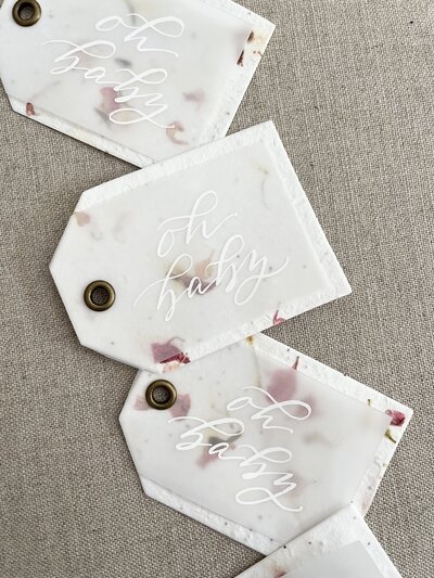 Flower seed gift tags with vellum and white ink caligraphy