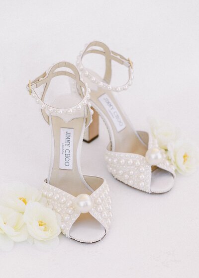 Jimmy Choo Pear bridal shoes with flowers by Lisa Riley.