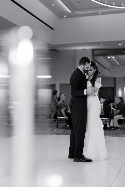 A wedding couple during their first dance 