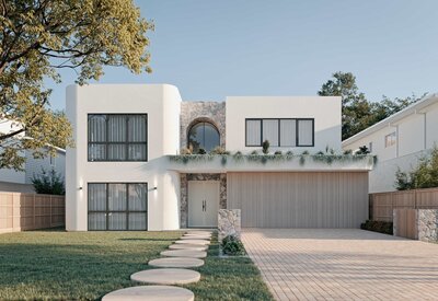 Solis Signature Range – A luxury modern home by NXTgen Construction showcasing a contemporary front facade with curved render and natural stone.