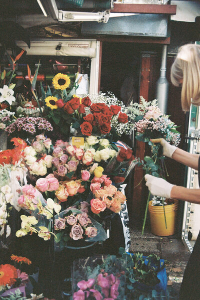 film photo of flower shop in Europe