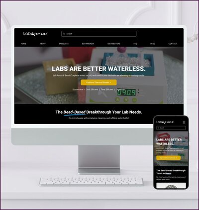 Mockup of a science-themed business website for Lab Armor, with a clean layout, dark hero banner, and desktop and mobile previews