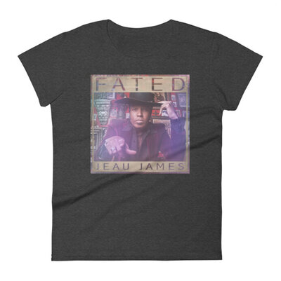 Musician branding merch example black tshirt with Jeau James Fated single cover printed on it Package C