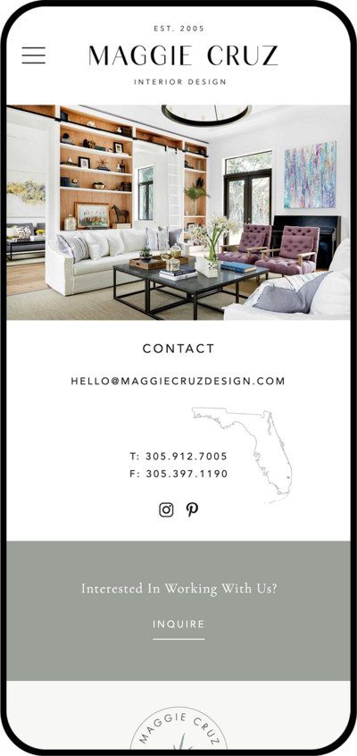 iPhone mockup of Maggie Cruz Interior Design Contact Page
