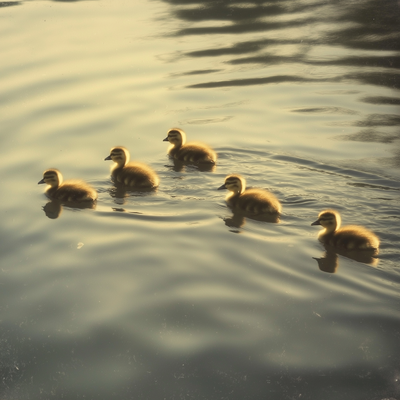 A group of five ducklings swimming on water