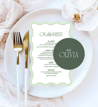 Arch menu and wave place card in big love design, neutral colours