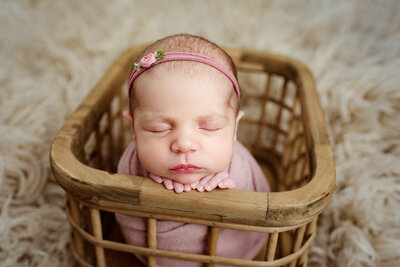 Newborn girl wrapped in pink with rose headband posed in wooden crate in St. Augustine, FL.