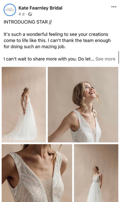 Facebook post showing wedding dress details