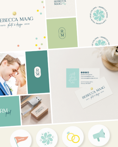 colorful brand board design and highlight covers for modern wedding and family photographer