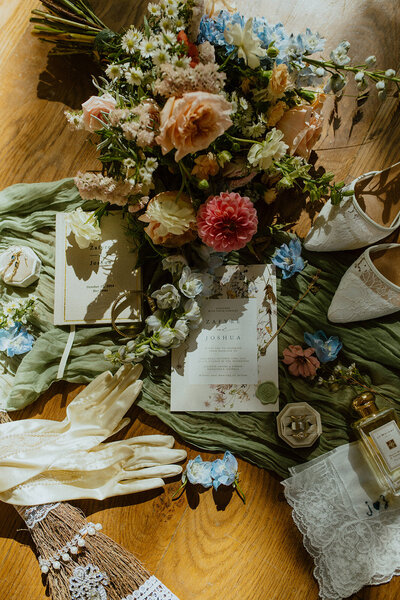 wedding details and floral flatlay