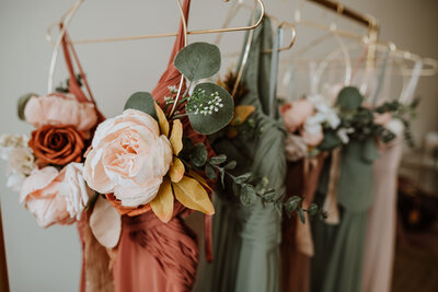 Bridesmaid dresses and flowers.
