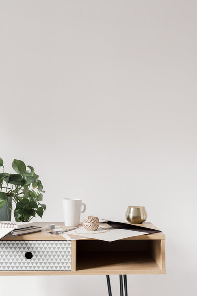 modern bohemian style desk with plant