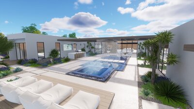 Luxury poolside oasis with beautiful and sustainable desert landscaping
