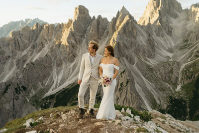 An italy elopement in the Dolomites at sunset. 